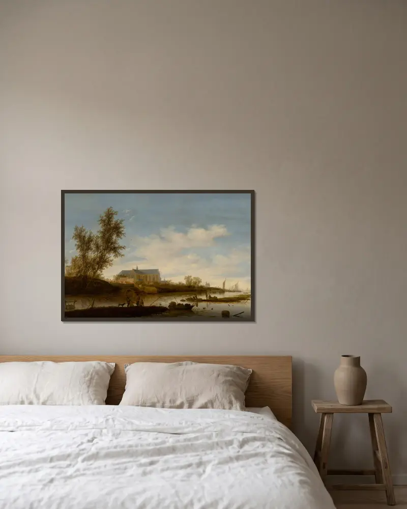 River landscape with fishermen in the foreground, the Laurenskerk in Alkmaar beyond av Salomon van Ruysdael inramad på en vägg