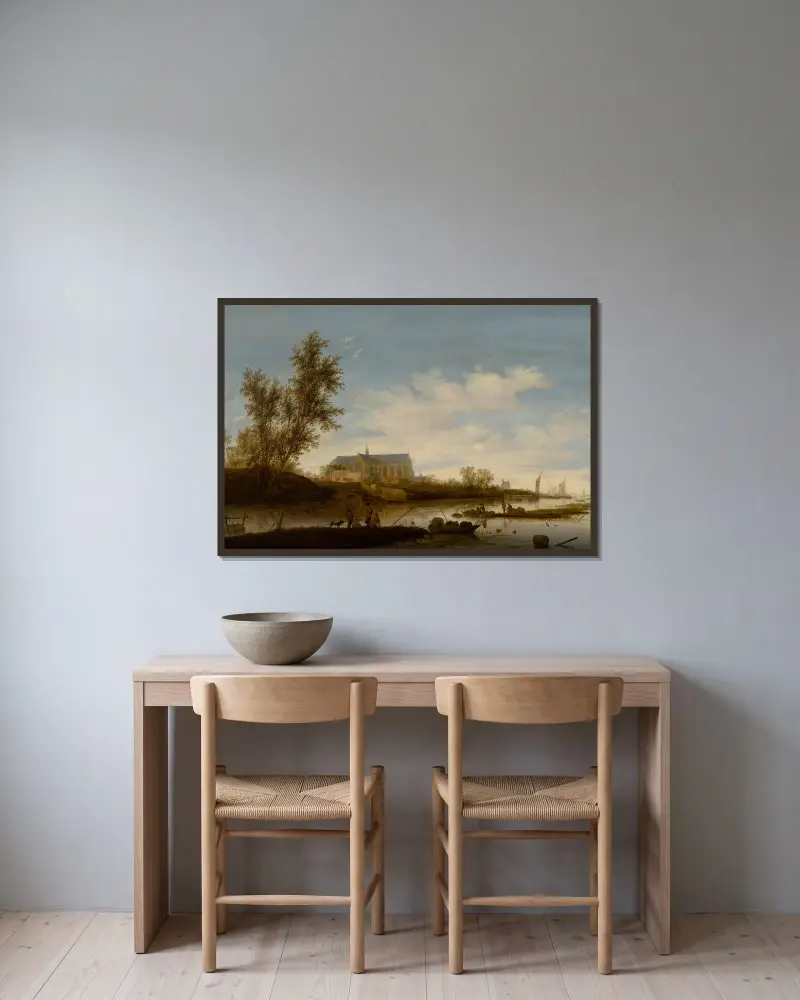 River landscape with fishermen in the foreground, the Laurenskerk in Alkmaar beyond av Salomon van Ruysdael inramad på en vägg