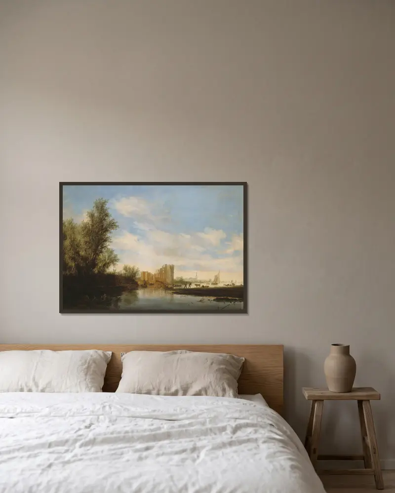 Riviergezicht met ruïne av Salomon van Ruysdael inramad på en vägg