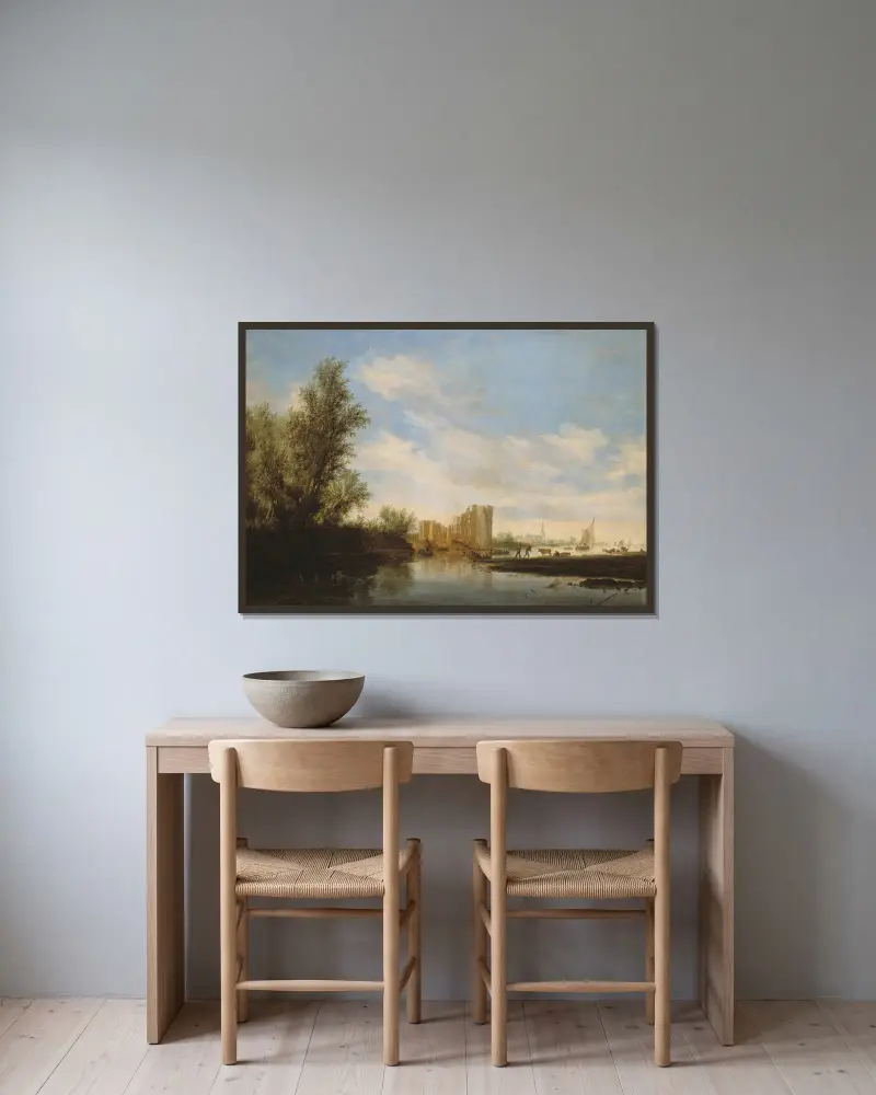Riviergezicht met ruïne av Salomon van Ruysdael inramad på en vägg