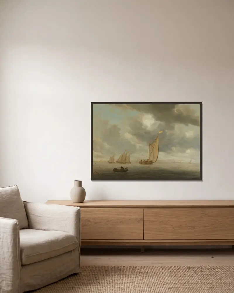 Sailing vessels on a inland body of water av Salomon van Ruysdael inramad på en vägg