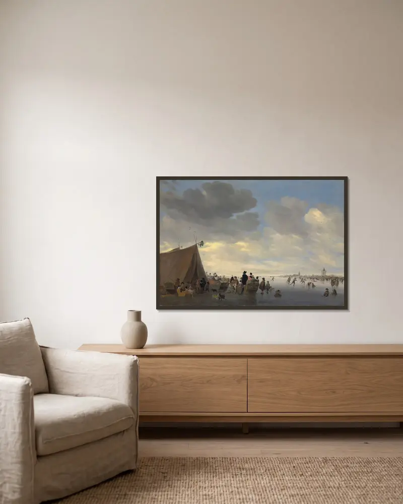 Schlittschuhläufer auf dem zugefrorenen Fluss Lek, die Stadt Vianen im Hintergrund von Salomon van Ruysdael gerahmt an einer Wand