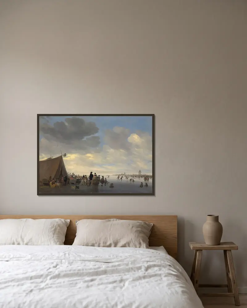 Schlittschuhläufer auf dem zugefrorenen Fluss Lek, die Stadt Vianen im Hintergrund von Salomon van Ruysdael gerahmt an einer Wand