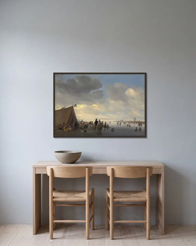 Schlittschuhläufer auf dem zugefrorenen Fluss Lek, die Stadt Vianen im Hintergrund von Salomon van Ruysdael gerahmt an einer Wand