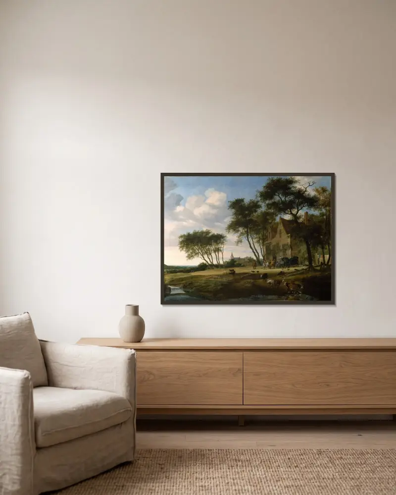 Die Rast von Salomon van Ruysdael gerahmt an einer Wand