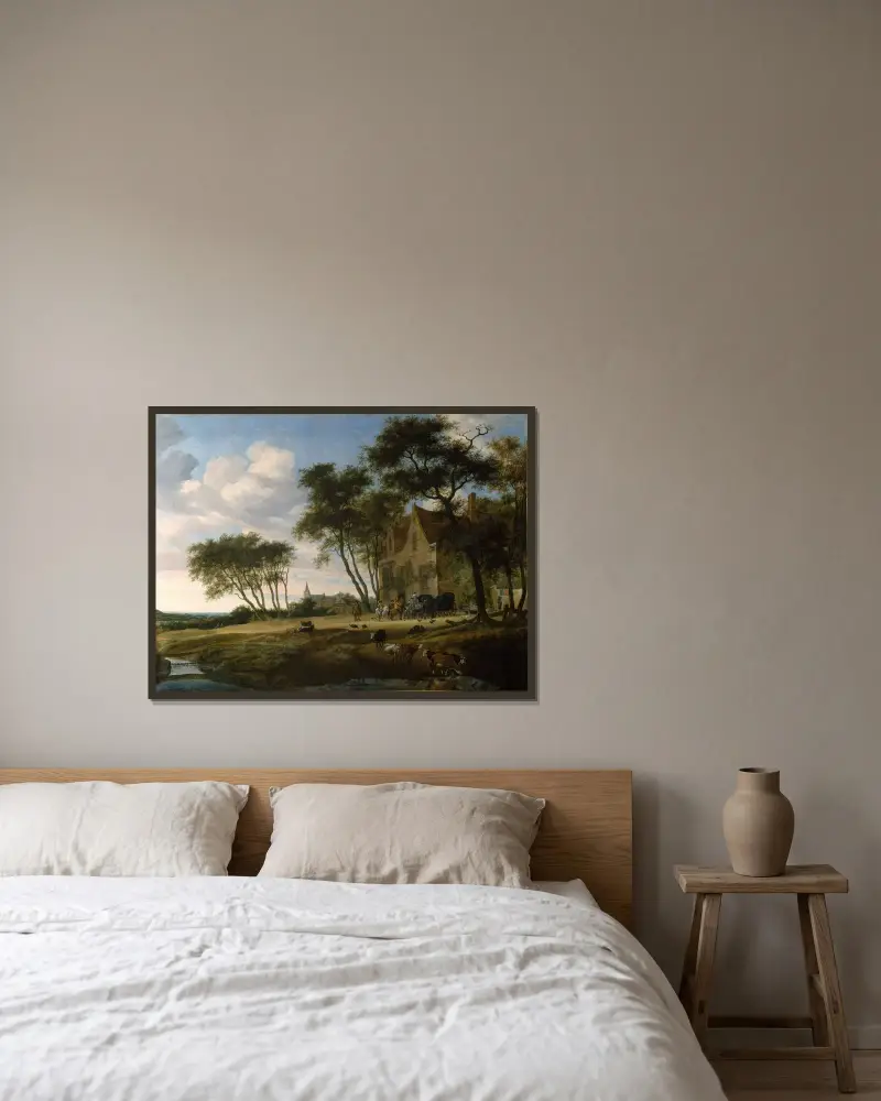 Die Rast von Salomon van Ruysdael gerahmt an einer Wand