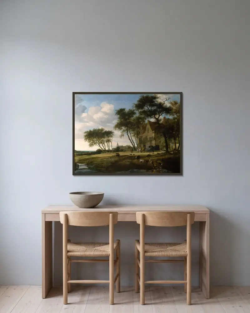Die Rast von Salomon van Ruysdael gerahmt an einer Wand