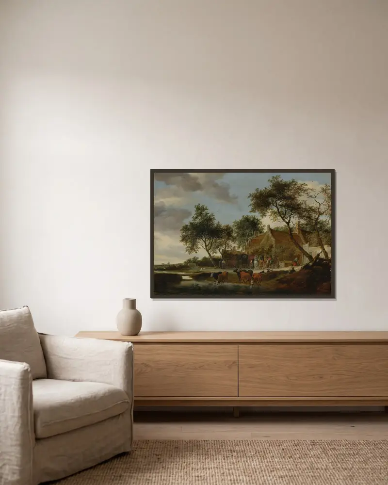 Die Tränke von Salomon van Ruysdael gerahmt an einer Wand