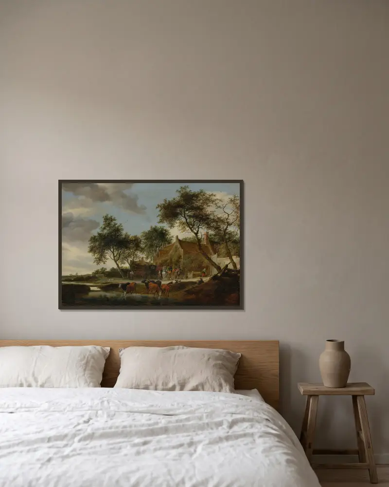 Die Tränke von Salomon van Ruysdael gerahmt an einer Wand