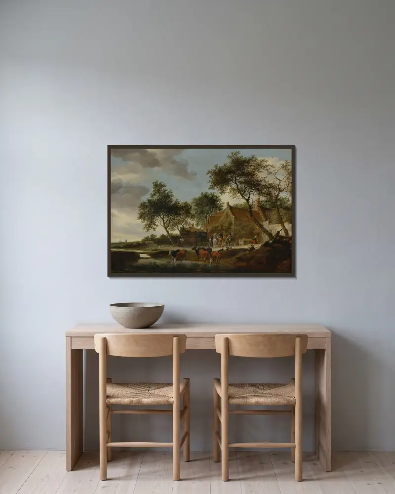 Die Tränke von Salomon van Ruysdael gerahmt an einer Wand