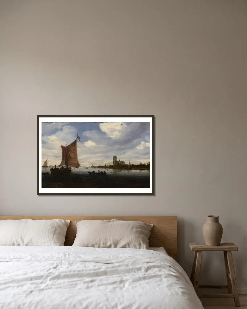 View of Dordrecht av Salomon van Ruysdael inramad på en vägg