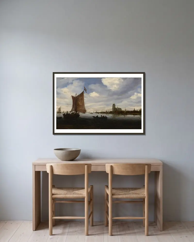View of Dordrecht av Salomon van Ruysdael inramad på en vägg