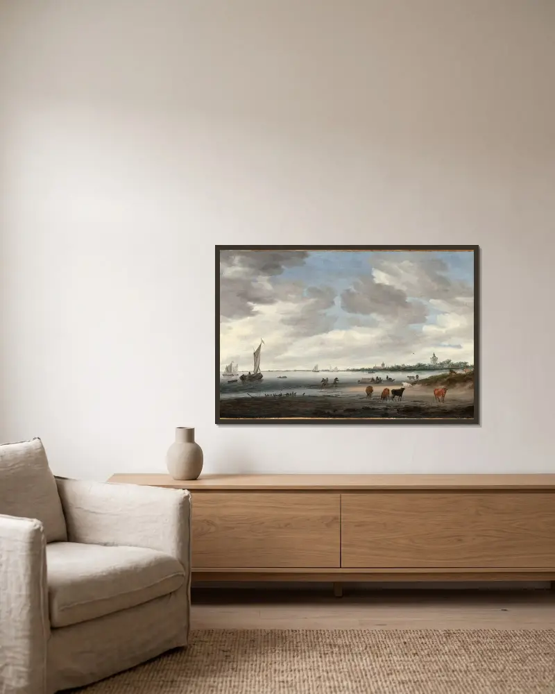 View of the River Lek and the Town of Vianen av Salomon van Ruysdael inramad på en vägg