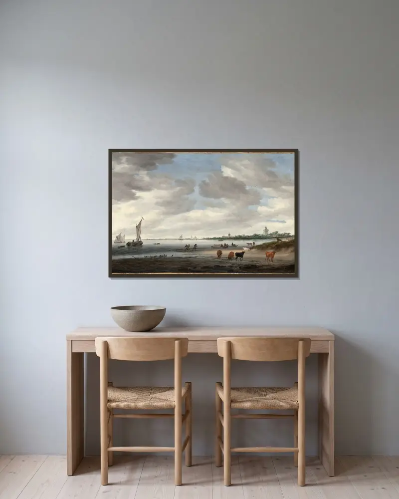 View of the River Lek and the Town of Vianen av Salomon van Ruysdael inramad på en vägg