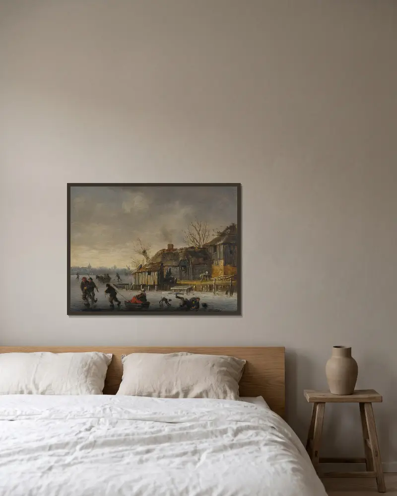 Winterlandschaft mit Schlittschuhläufern von Salomon van Ruysdael gerahmt an einer Wand
