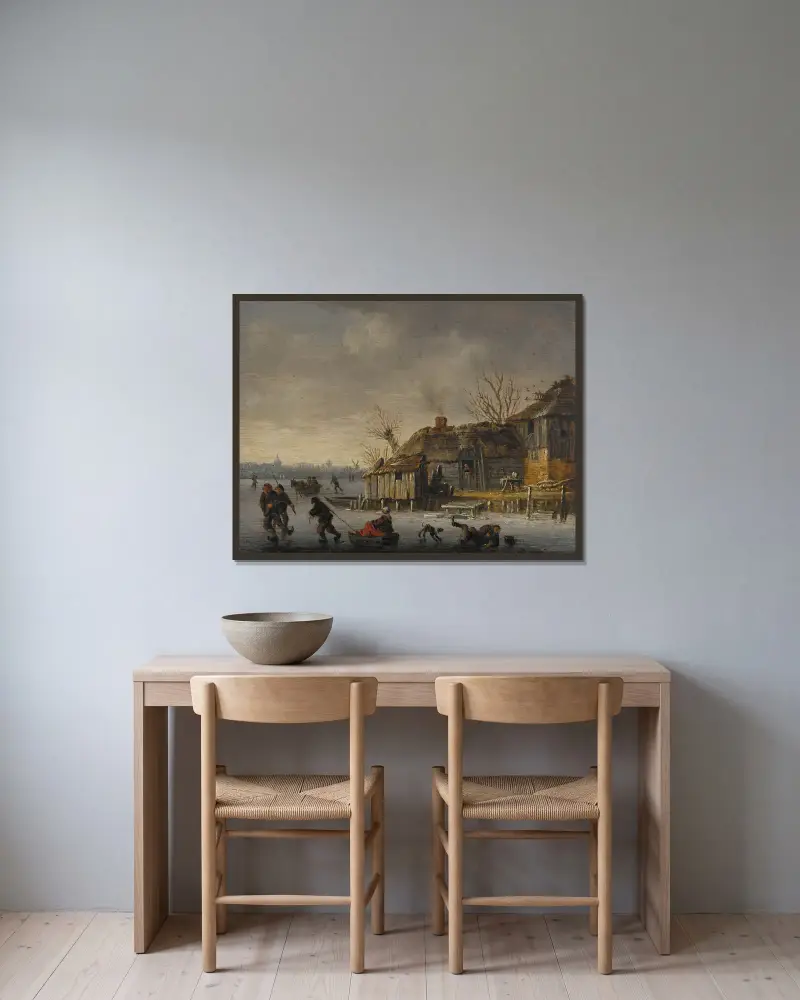 Winterlandschaft mit Schlittschuhläufern von Salomon van Ruysdael gerahmt an einer Wand