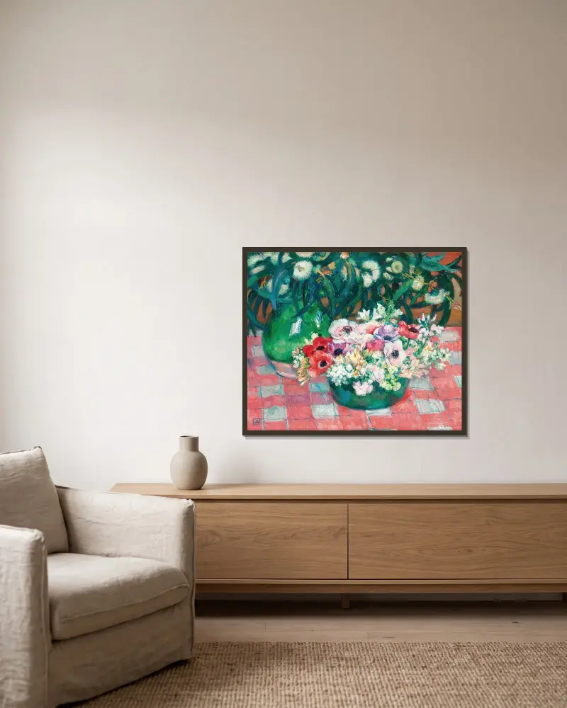 Anemonen und Eukalyptus von Theo van Rysselberghe gerahmt an einer Wand