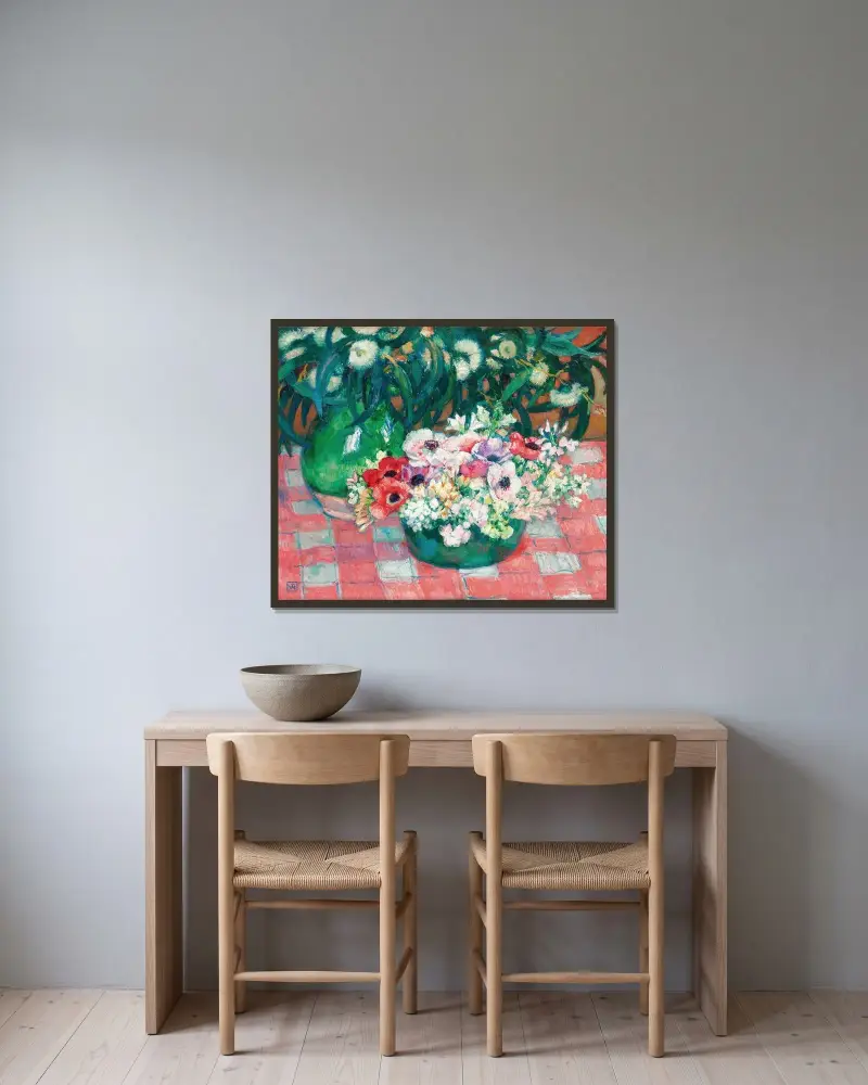 Anemonen und Eukalyptus von Theo van Rysselberghe gerahmt an einer Wand