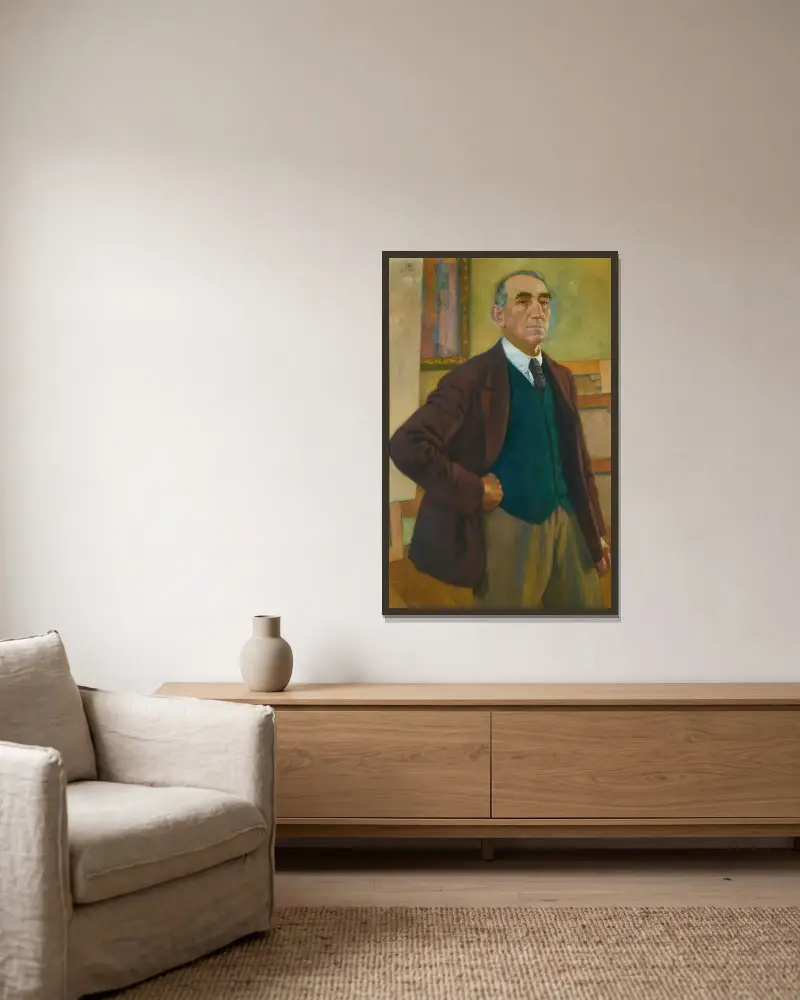 Självporträtt i grön väst av Theo van Rysselberghe inramad på en vägg
