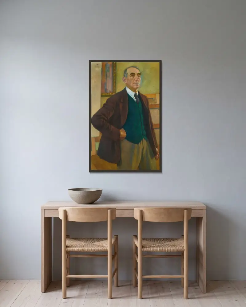 Självporträtt i grön väst av Theo van Rysselberghe inramad på en vägg