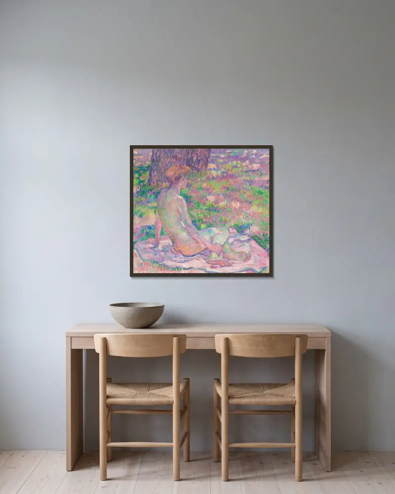 Sittande badande av Theo van Rysselberghe inramad på en vägg