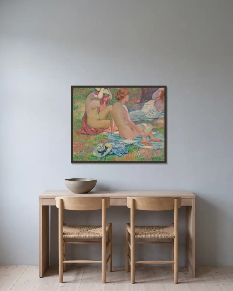 Badande eller i skuggan av pinjer av Theo van Rysselberghe inramad på en vägg