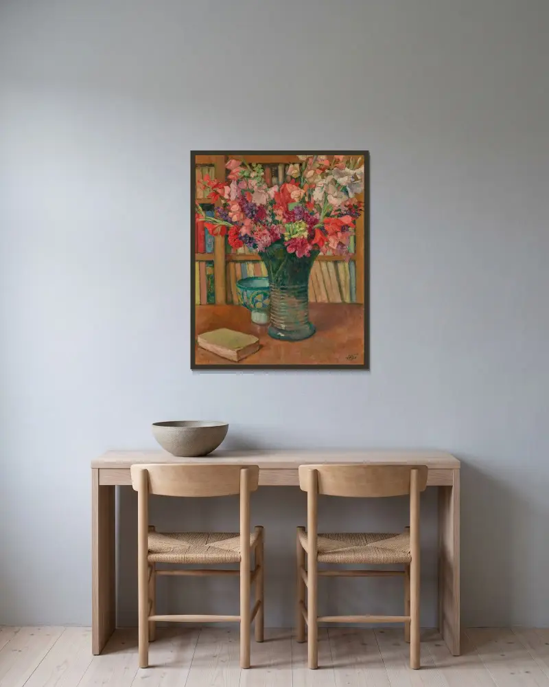 Blomsterblandning framför en bokhylla eller Stor bukett av Theo van Rysselberghe inramad på en vägg