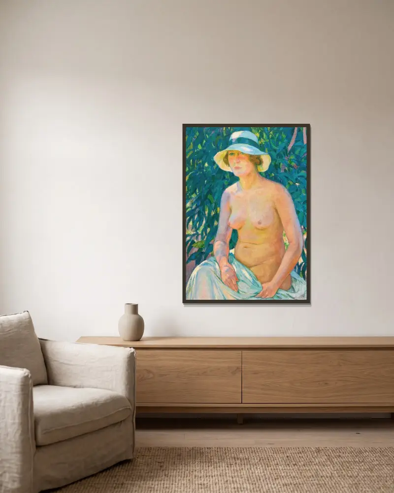 Akt mit Panamahut von Theo van Rysselberghe gerahmt an einer Wand