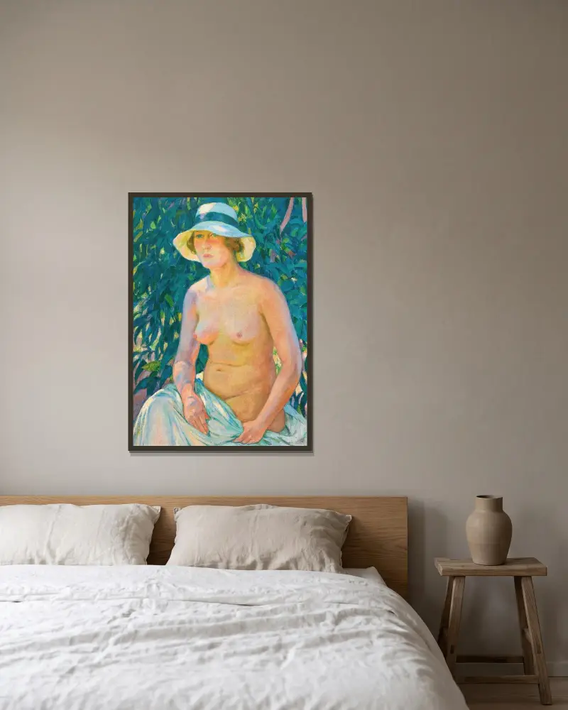 Akt mit Panamahut von Theo van Rysselberghe gerahmt an einer Wand
