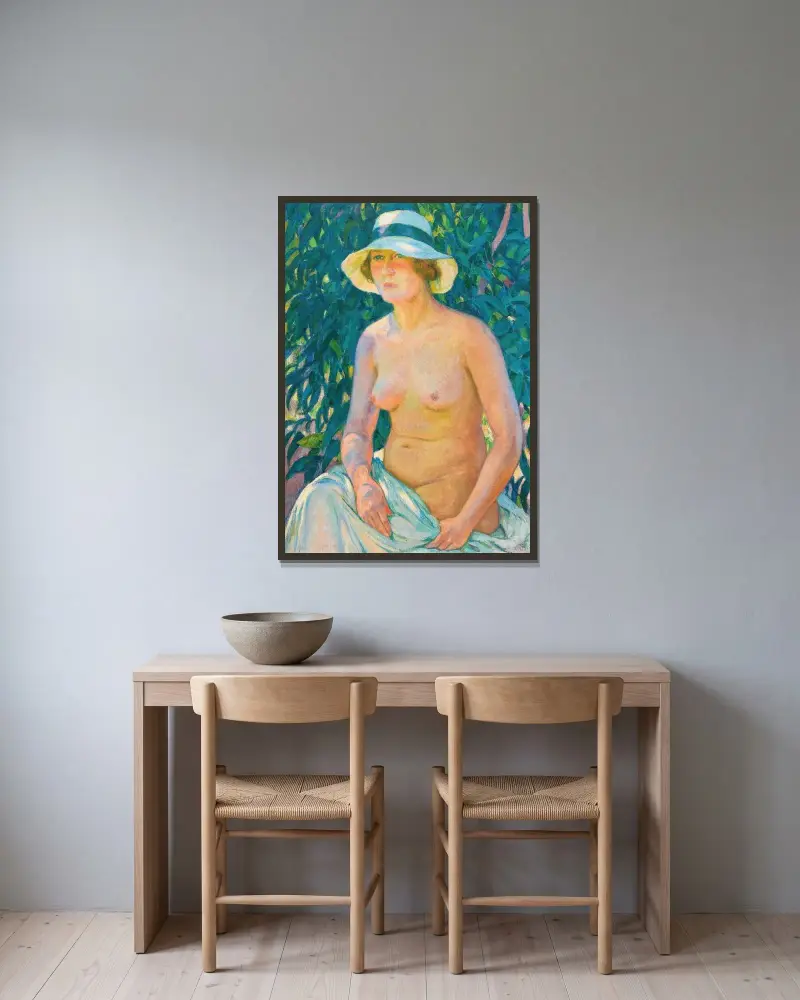Akt mit Panamahut von Theo van Rysselberghe gerahmt an einer Wand