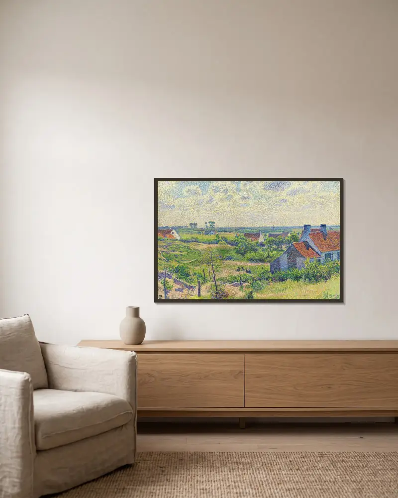 Landskap med hus av Theo van Rysselberghe inramad på en vägg