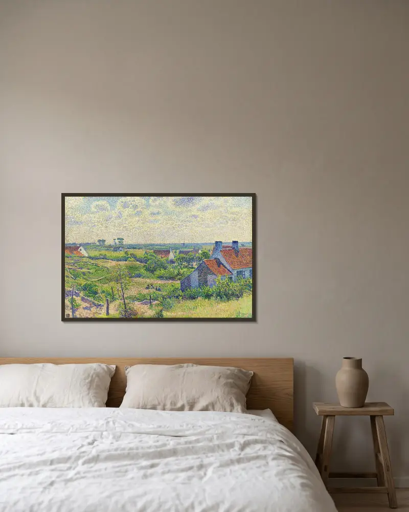 Landskap med hus av Theo van Rysselberghe inramad på en vägg