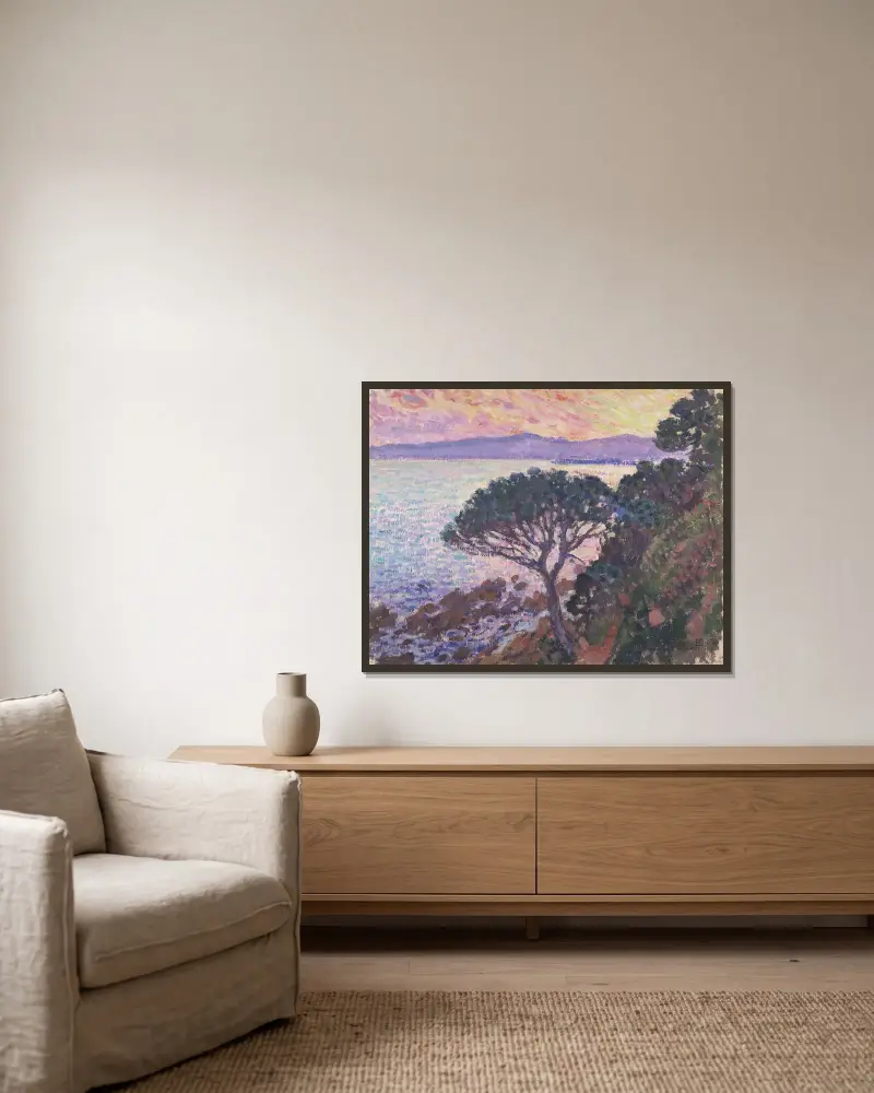 Tall vid Medelhavet i solnedgång av Theo van Rysselberghe inramad på en vägg