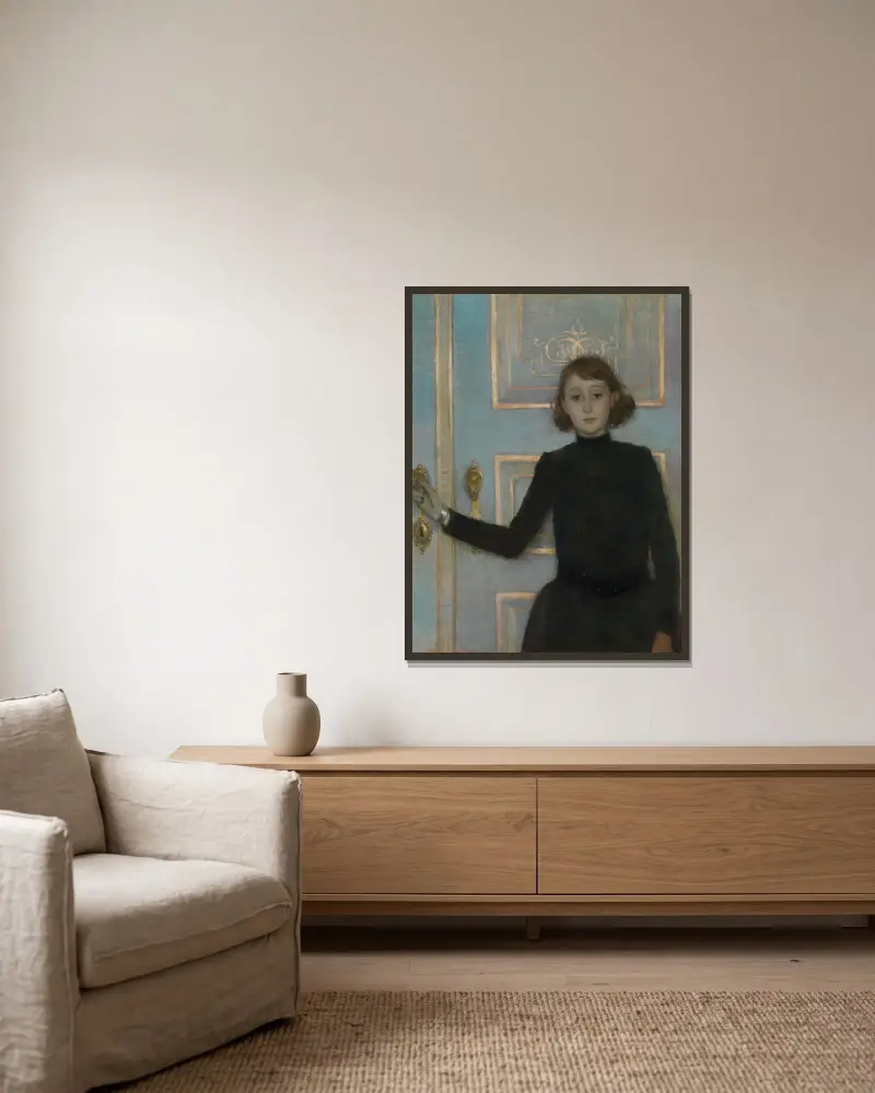 Portrait of Marguerite van Mons av Theo van Rysselberghe inramad på en vägg