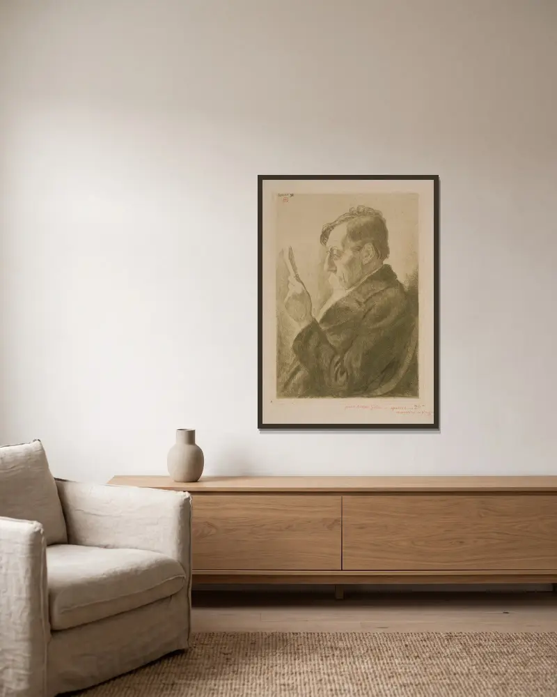 Portrait of the Writer Emile Verhaeren, Reading av Theo van Rysselberghe inramad på en vägg