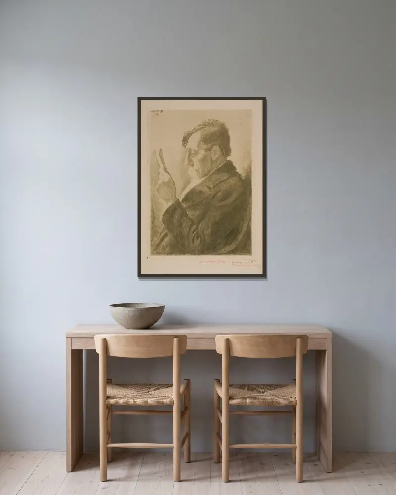 Portrait of the Writer Emile Verhaeren, Reading av Theo van Rysselberghe inramad på en vägg