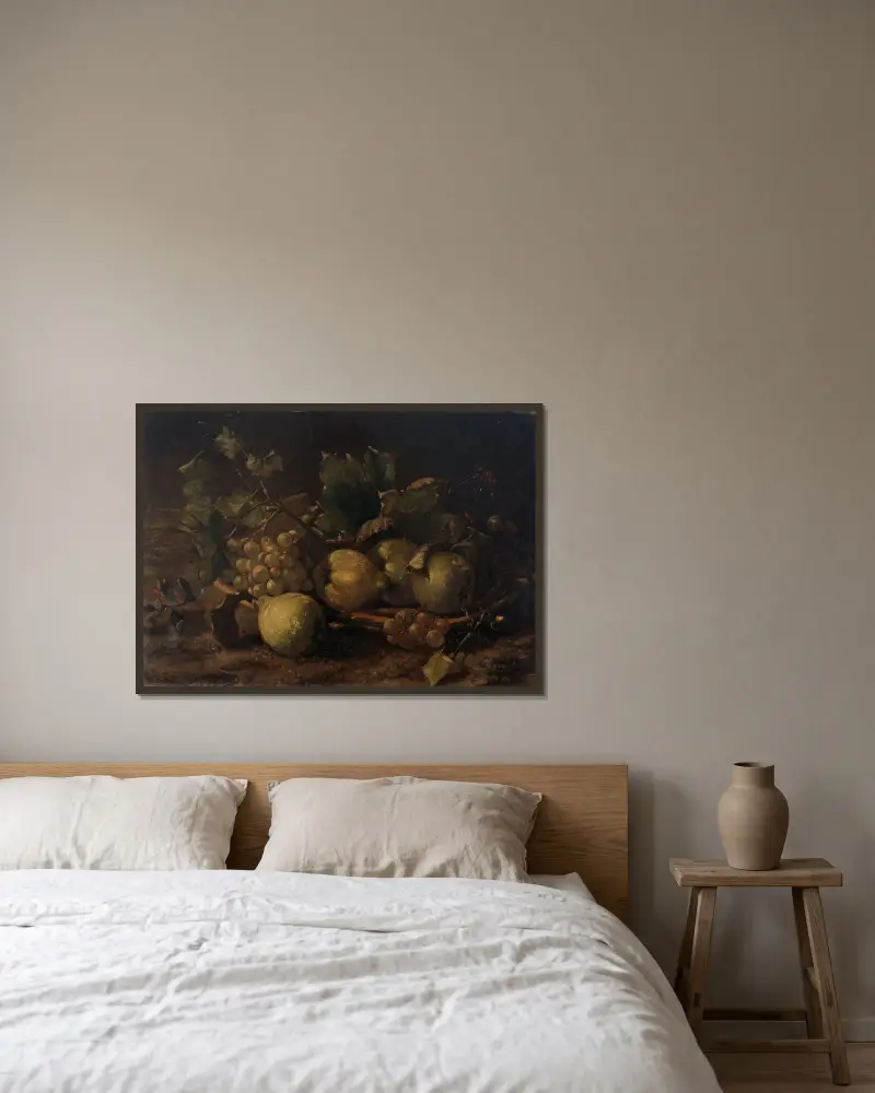 Still Life with Fruits av Theo van Rysselberghe inramad på en vägg