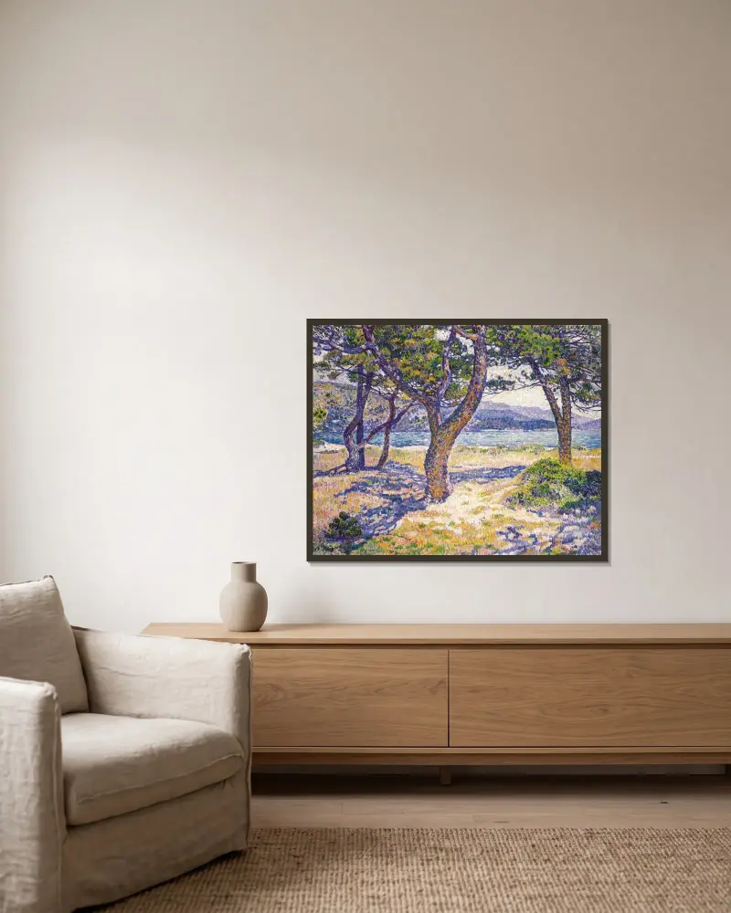 Medelhavet vid Le Lavandou av Theo van Rysselberghe inramad på en vägg