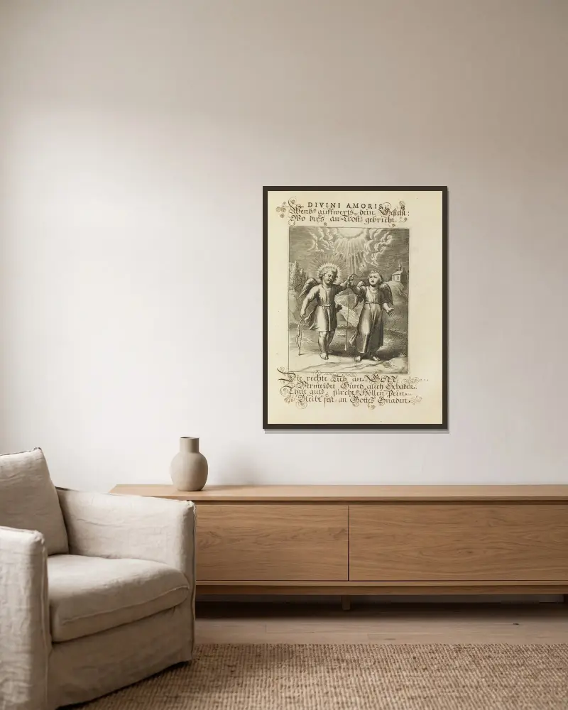 Amoris divini emblemata Taf. 05 von Otto van Veen gerahmt an einer Wand
