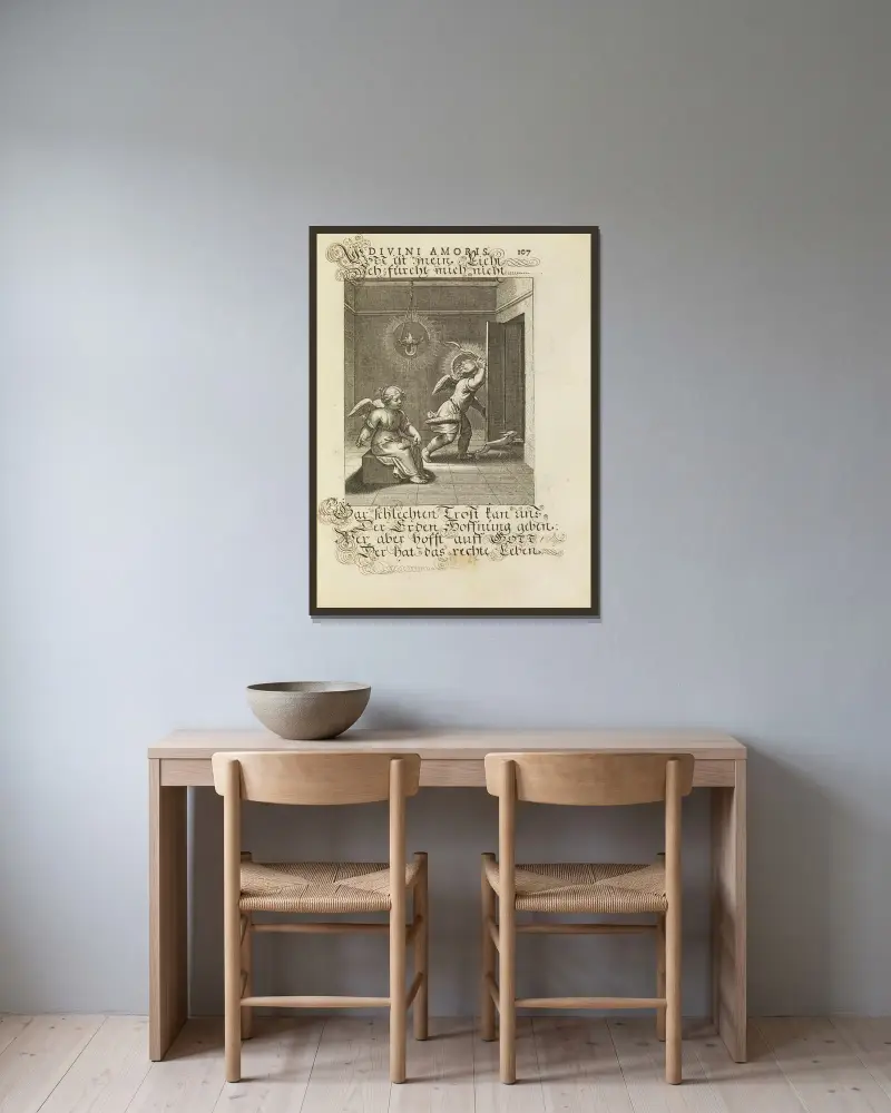Amoris divini emblemata Pl.51 av Otto van Veen inramad på en vägg