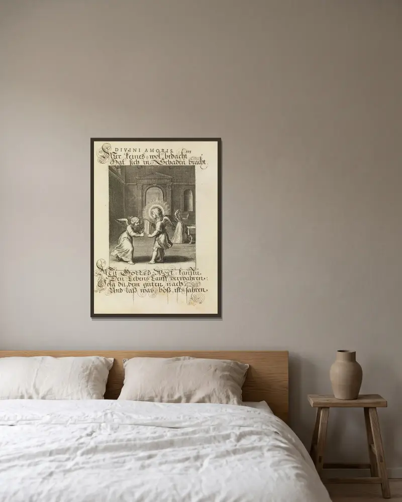 Amoris divini emblemata Pl.55 av Otto van Veen inramad på en vägg