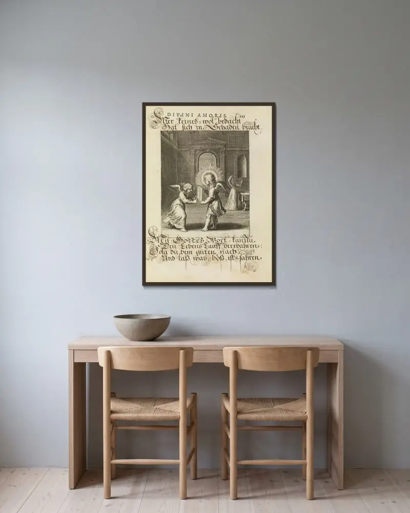 Amoris divini emblemata Pl.55 av Otto van Veen inramad på en vägg