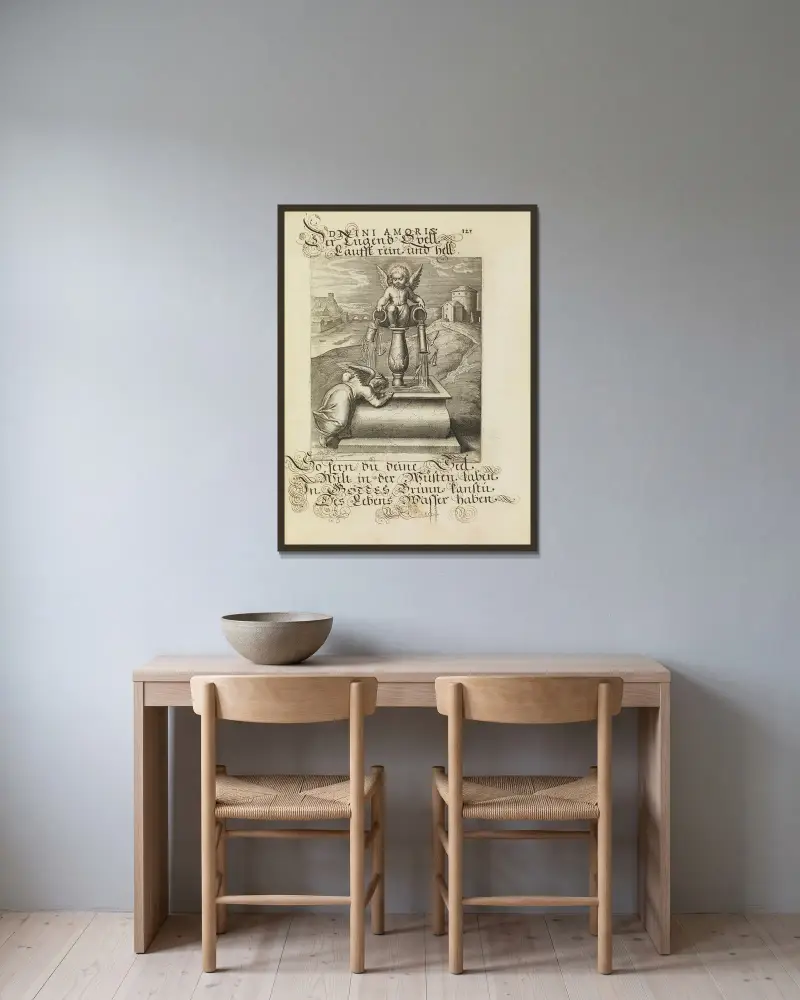 Amoris divini emblemata Pl.58 av Otto van Veen inramad på en vägg
