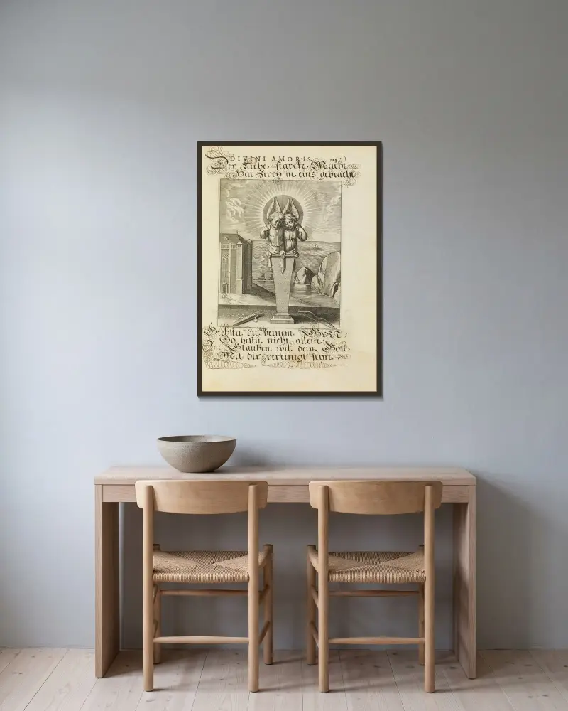 Amoris divini emblemata Pl.60 av Otto van Veen inramad på en vägg