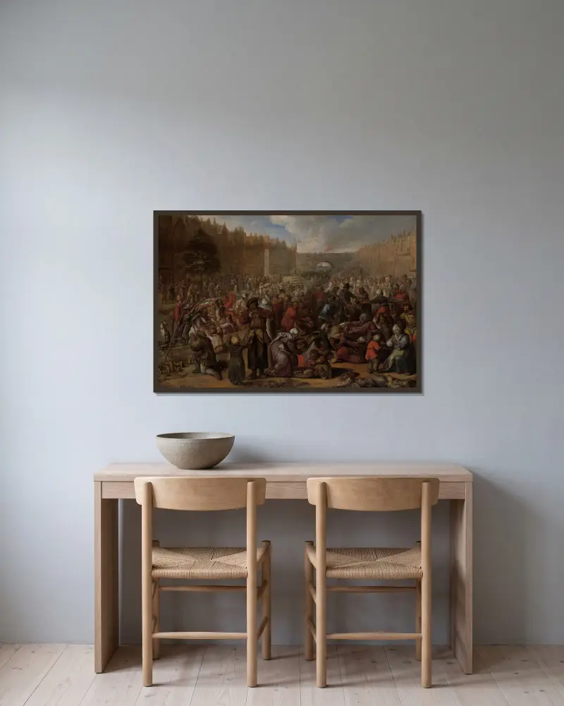 De utsvultna efter belägringens lättnad i Leiden av Otto van Veen inramad på en vägg
