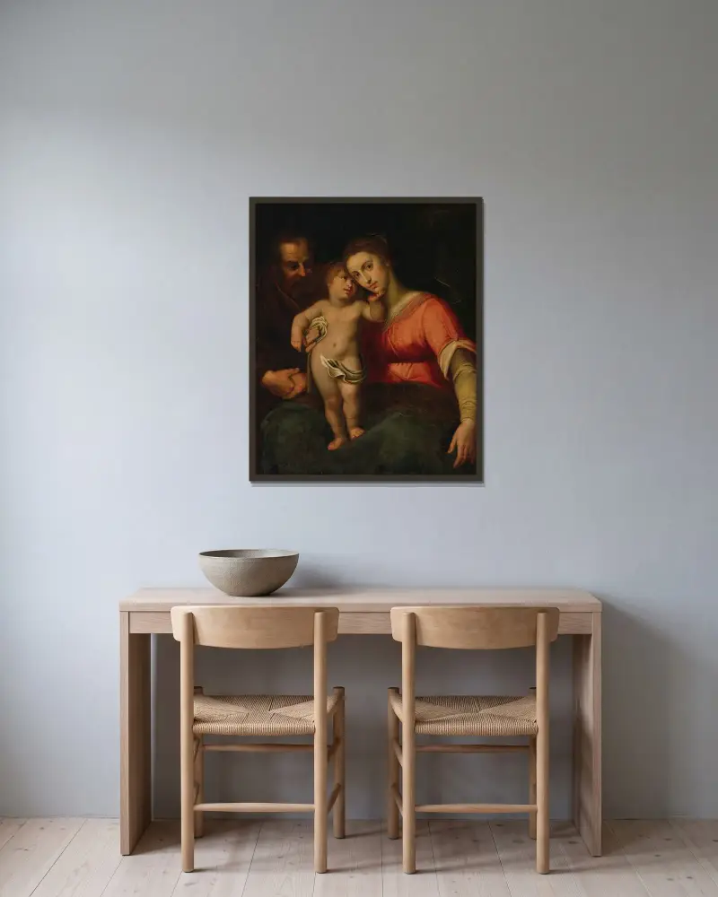 Den heliga familjen av Otto van Veen inramad på en vägg