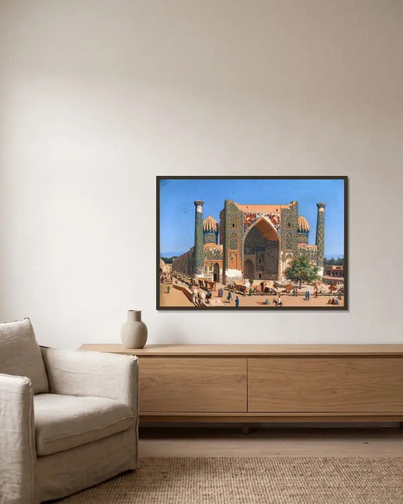 Medrasah Shir-Dhor at Registan place in Samarkand av Vasily Vereshchagin inramad på en vägg