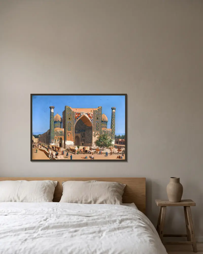 Medrasah Shir-Dhor at Registan place in Samarkand av Vasily Vereshchagin inramad på en vägg