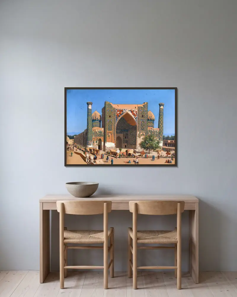 Medrasah Shir-Dhor at Registan place in Samarkand av Vasily Vereshchagin inramad på en vägg