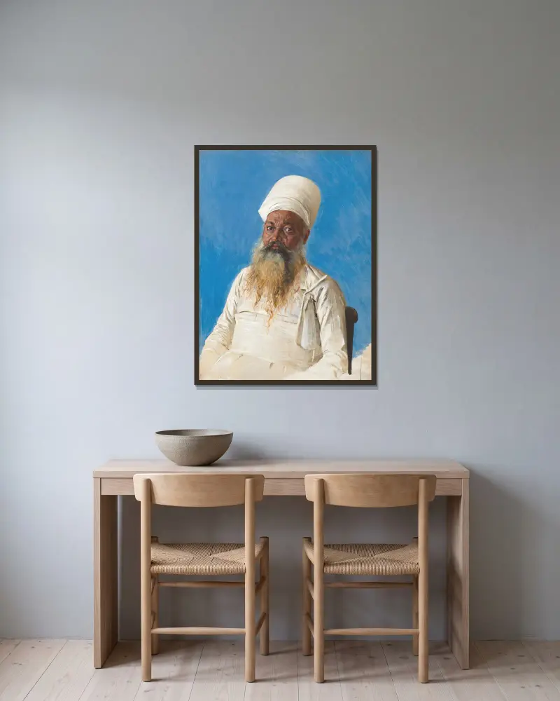 Parsi priest (fire worshiper). Bombay av Vasily Vereshchagin inramad på en vägg